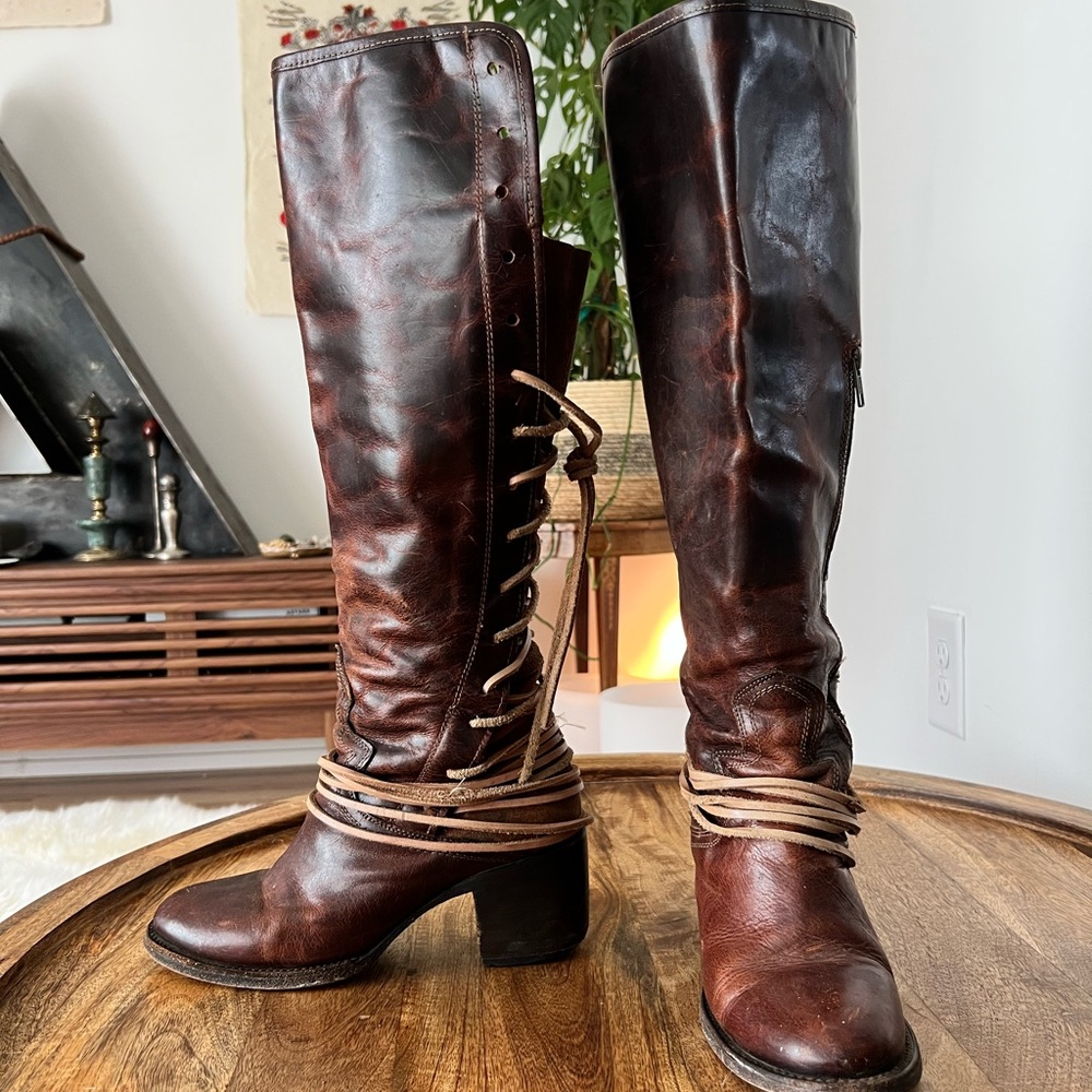 Freebird Coal Lace-Up Tall Leather Boots in Chestnut Brown/Cognac - Picture 8 of 12